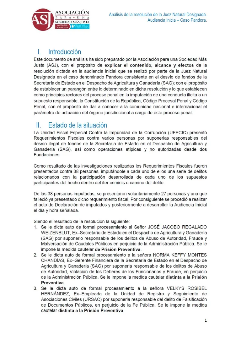 Análisis legal de la ASJ sobre resolución de la Juez Natural para el caso “Pandora”