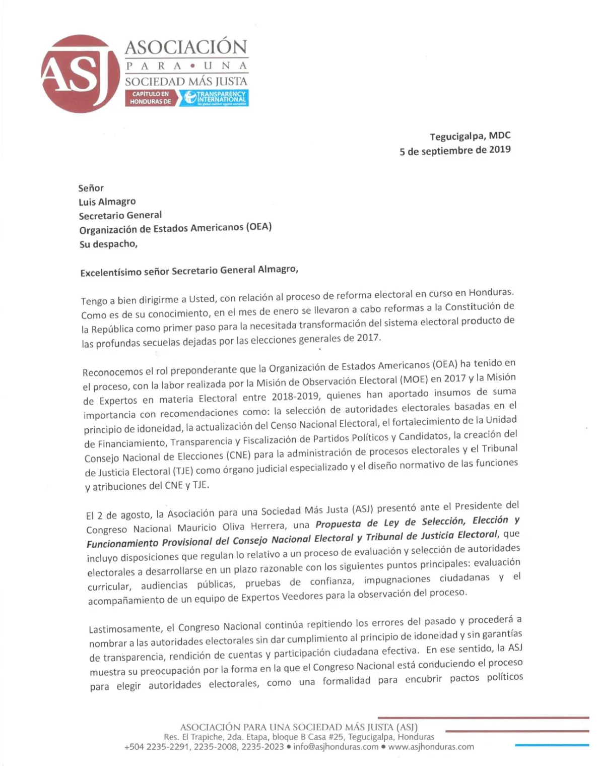 Carta de ASJ a Luis Almagro, secretario general de la OEA