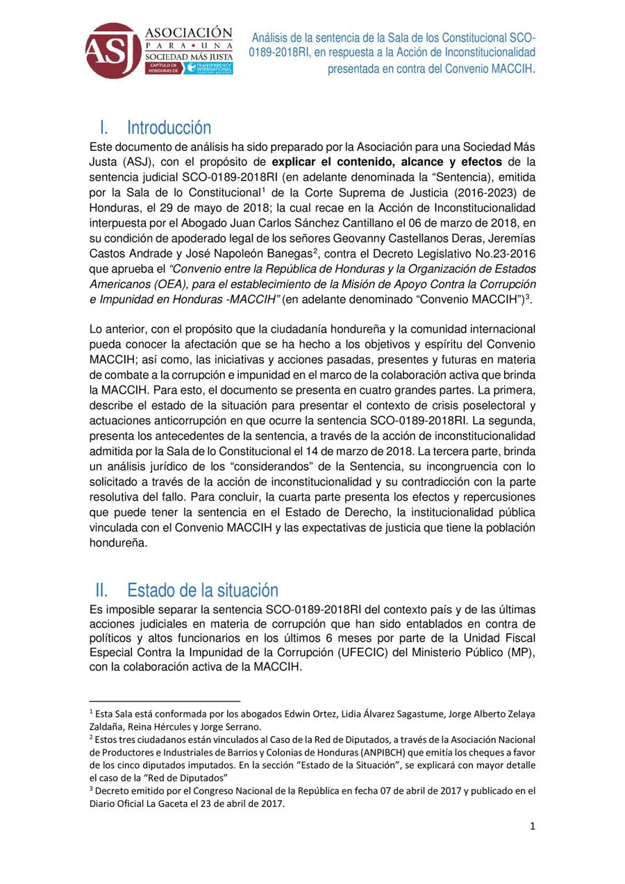 Análisis de la asistencia de la Sala Constitucional SCO-0189-2018RI, en respuesta a la Acción de Incostitucionalidad presentada en contra del Convenio MACCIH