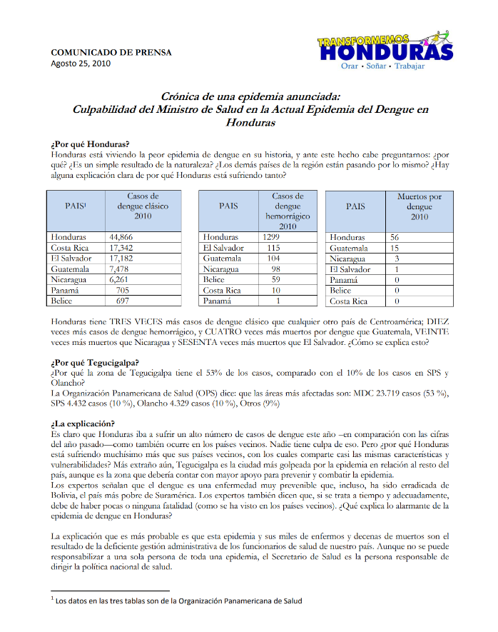 Comunicado de prensa. Crónica de una epidemia anunciada: Culpabilidad del Ministro de Salud en la Actual Epidemia del Dengue en Honduras