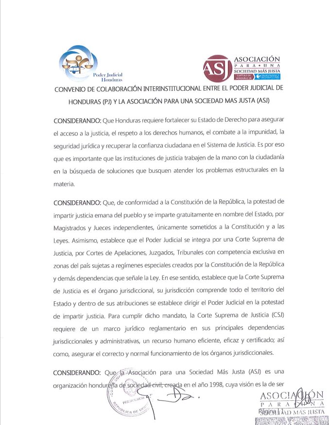 Convenio de Colaboración Interinstitucional entre el Poder Judicial de Hondruas (PJ) y la Asociación para una Sociedad más Justa (ASJ)