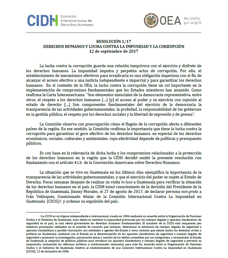 Resolución 1/17. Derechos Humanos y lucha contra la impunidad y la corrupción