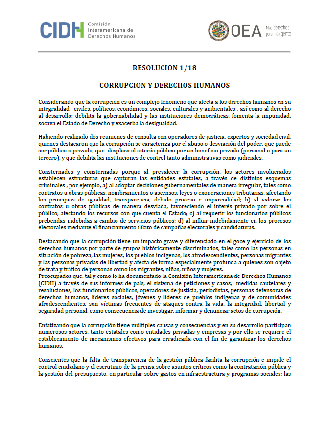 Resolución 1/18. Corrupción y Derechos Humanos