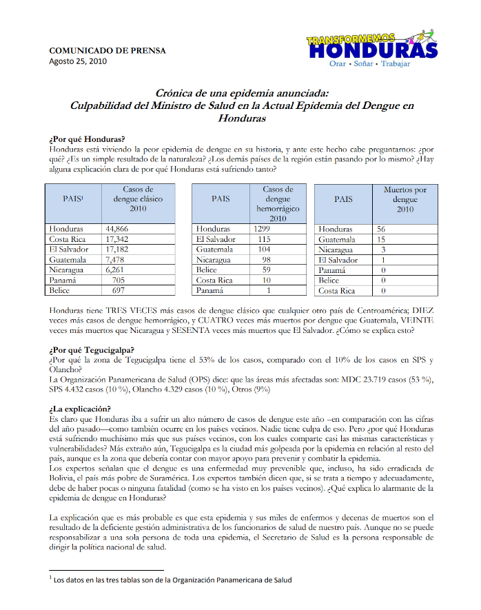 Comunicado De Prensa. Crónica De Una Epidemia Anunciada: Culpabilidad Del Ministro De Salud En La Actual Epidemia Del Dengue En Honduras