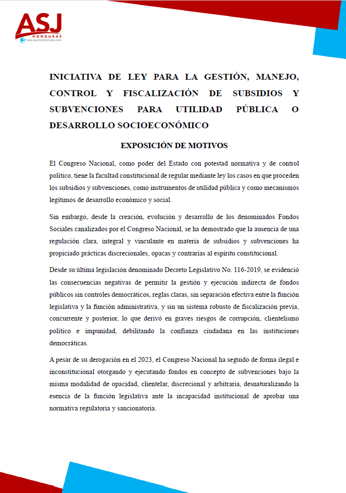 Iniciativa de ley para la gestión, manejo, control y fiscalización de subsidios y subvenciones para utilidad pública o desarrollo económico