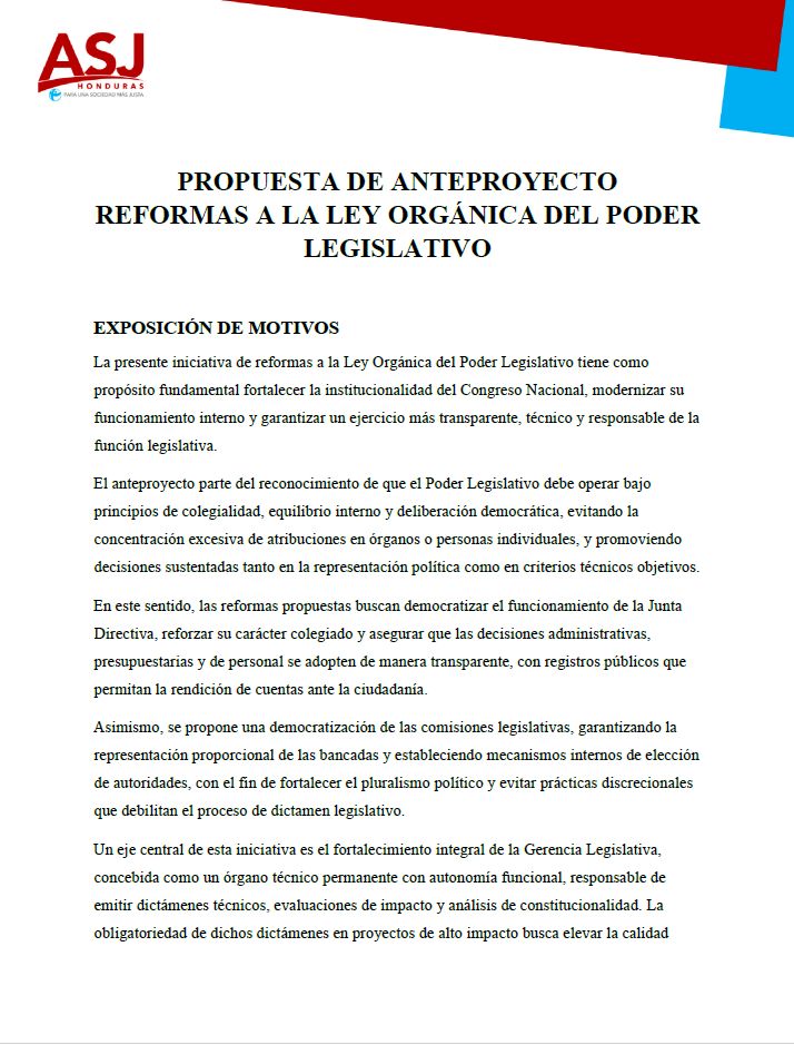 Propuesta de reformas a la Ley Orgánica del Poder Legislativo Honduras